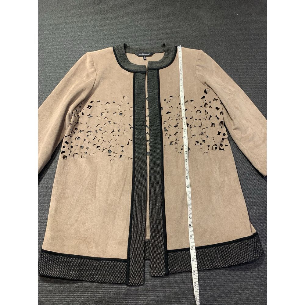 Ming Wang Size Small Heritage Laser Cut Faux Suede Open Jacket Tan Black‎ - Picture 2 of 6